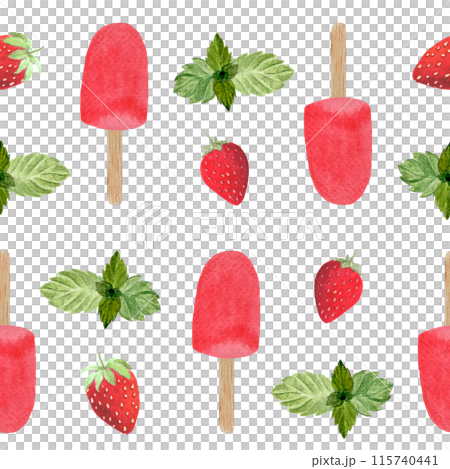 Strawberry ice-cream, mint, frozen sherbet on a wooden stick. Watercolor seamless pattern isolated on white, hand drawn for food design. Packages, wrapping paper, fabric, natural organic food, textile Strawberry ice-cream, mint, frozen sherbet on a wooden stick. Watercolor seamless pattern isolated on white, hand drawn for food design. Packages, wrapping paper, fabric, natural organic food, textile 115740441