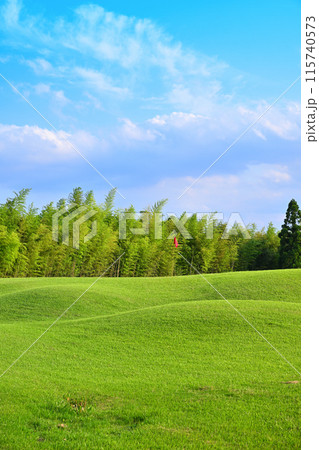 人無し 起伏激しいゴルフ場 初夏の風景 人無し 起伏激しいゴルフ場 初夏の風景 115740573