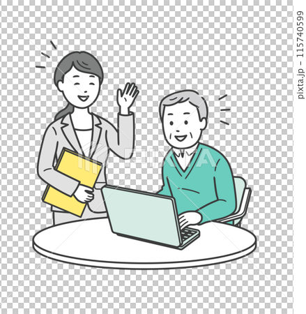 Illustration of an elderly man being taught by an instructor in a computer class Illustration of an elderly man being taught by an instructor in a computer class 115740599