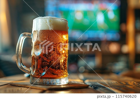 Mug of cold beer TV screen in sports bar with football game 115740620