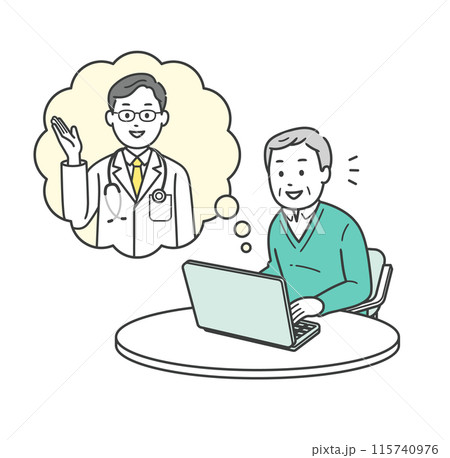 ノートパソコンでオンライン診療を受ける高齢男性と医師のイ上半身イラスト 115740976
