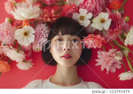 綺麗な花に囲まれた日本人女性のポートレート 115741474