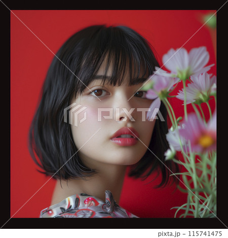 綺麗な花に囲まれた日本人女性のポートレート 115741475