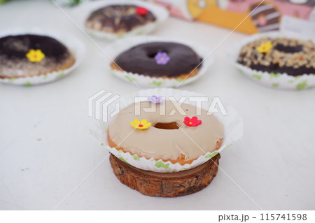 donuts with delicious topping as a background 115741598