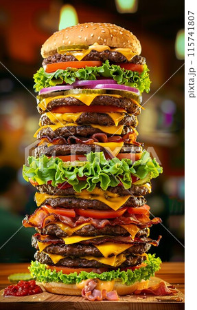 何層にも積み重なったタワーバーガー 115741807
