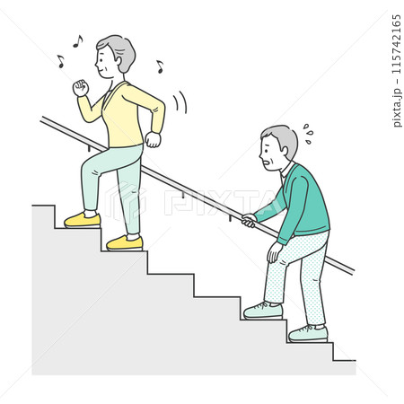 元気に階段を上る高齢女性と辛そうな高齢男性のイラスト 115742165