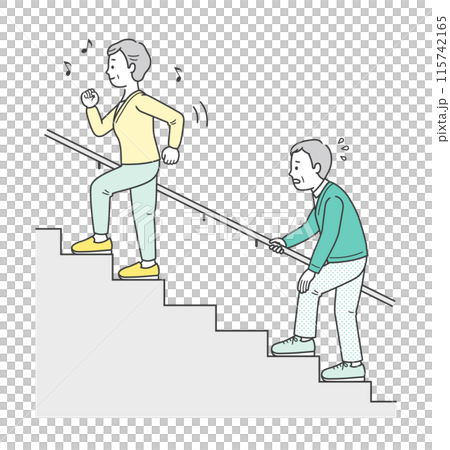 Illustration of an elderly woman climbing the stairs with vigor and an elderly man who seems to be in pain 115742165