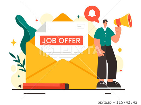 Job Offer Vector Illustration featuring a Businessman, Recruitment Search, Career Start, and Company Vacancy in a Flat Style Cartoon Background Job Offer Vector Illustration featuring a Businessman, Recruitment Search, Career Start, and Company Vacancy in a Flat Style Cartoon Background 115742542