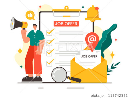 Job Offer Vector Illustration featuring a Businessman, Recruitment Search, Career Start, and Company Vacancy in a Flat Style Cartoon Background 115742551
