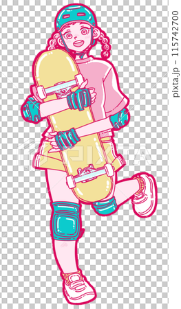 拿著滑板的微笑的女孩 拿著滑板的微笑的女孩 115742700