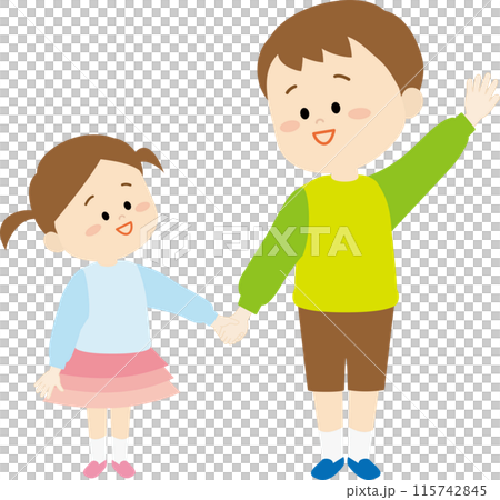 手をつなぎ妹に手を上げる見本を見せる兄 115742845