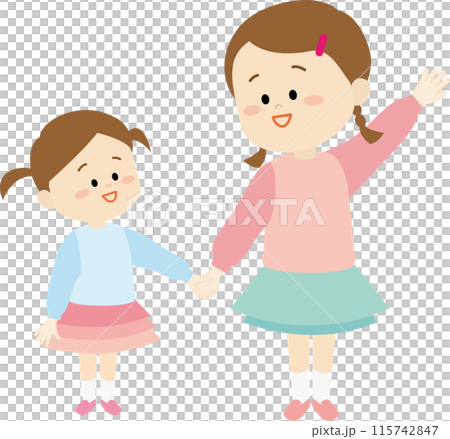 手をつなぎ妹に手を上げる見本を見せる姉 115742847