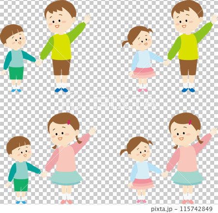 手をつなぎ兄弟にに手を上げる見本を見せるイラストセット 115742849