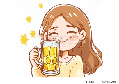 笑顔でビールジョッキを持つ女性 115743396