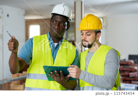 Two engineers discussing work in apartment 115743454