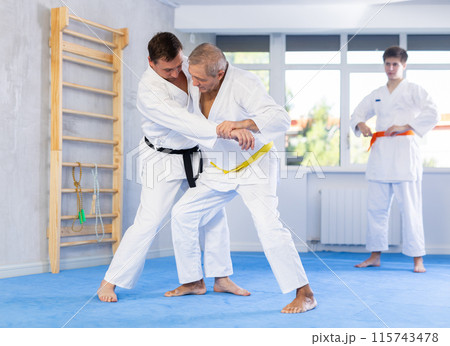 Mature judo fighters honing techniques during training bout in dojo 115743478
