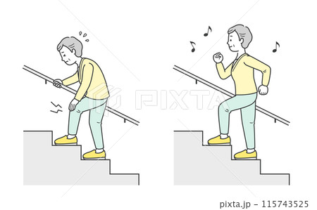元気に階段を上る高齢女性と辛そうな高齢女性のイラスト 元気に階段を上る高齢女性と辛そうな高齢女性のイラスト 115743525