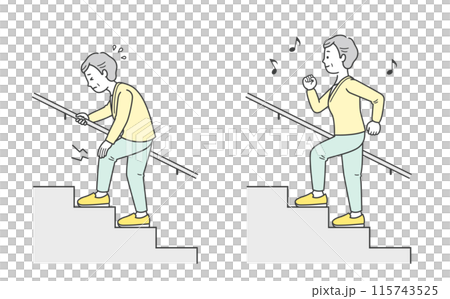 元気に階段を上る高齢女性と辛そうな高齢女性のイラスト 元気に階段を上る高齢女性と辛そうな高齢女性のイラスト 115743525