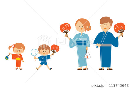 日本の夏祭り　盆踊り　浴衣を着て笑顔で立つ家族のイラスト 115743648