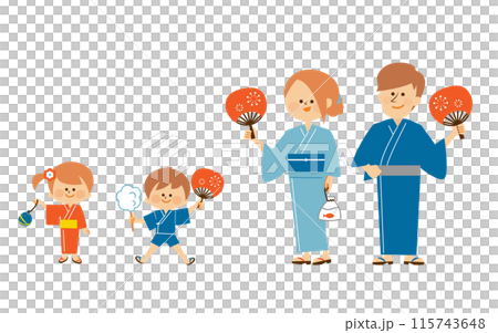 日本の夏祭り　盆踊り　浴衣を着て笑顔で立つ家族のイラスト 115743648