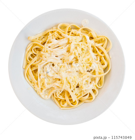 Delicious creamy Roquefort cheese pasta served on white plate Delicious creamy Roquefort cheese pasta served on white plate 115743849