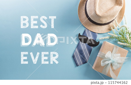Happy Fathers Day background concept with hat, gift box, necktie and mustache on pastel background. 115744162