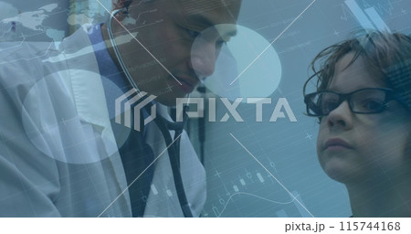 Image of infographic interface over diverse doctor checking boy with stethoscope in hospital 115744168