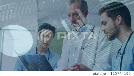Image of infographic interface over diverse doctors discussing patient x-ray in hospital Image of infographic interface over diverse doctors discussing patient x-ray in hospital 115744190