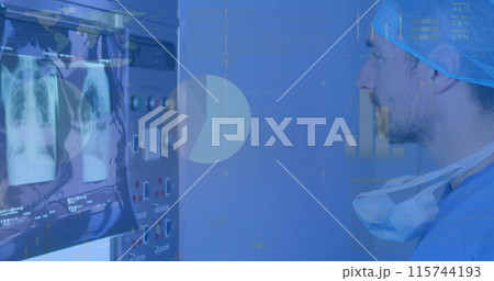 Image of infographic interface over caucasian doctor analyzing x-ray on technology in hospital Image of infographic interface over caucasian doctor analyzing x-ray on technology in hospital 115744193
