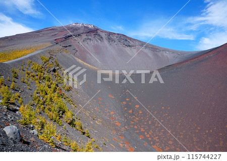 青空を背景にした富士山宝永第二火口縁から観た宝永第一火口と山頂の眺め　Ver1 115744227