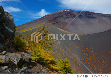 青空を背景にした富士山宝永第二火口縁から観た宝永第一火口と山頂の眺め Ver5 青空を背景にした富士山宝永第二火口縁から観た宝永第一火口と山頂の眺め Ver5 115744235