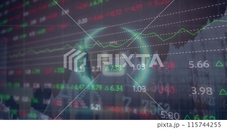 Image of battery icon in circle over multiple graphs and trading board against modern building 115744255