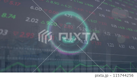 Image of battery icon in circle and trading board over caucasian man working on laptop 115744256
