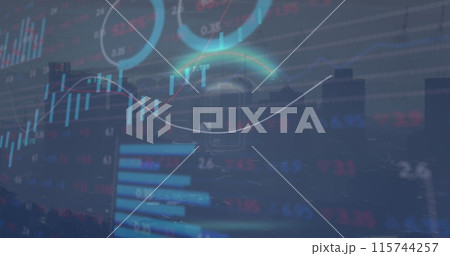 Image of battery icon in circle over graphs and trading board against modern cityscape 115744257