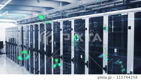 Image of multiple icons, viewfinders with lens flares over data server room 115744258