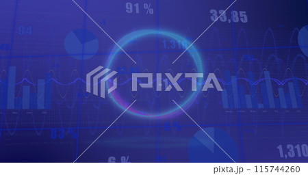 Image of circle over multiple graphs and changing numbers against abstract background 115744260