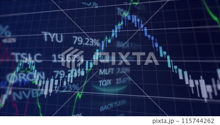 Image of padlock in circle over multiple graph with changing numbers and trading board 115744262