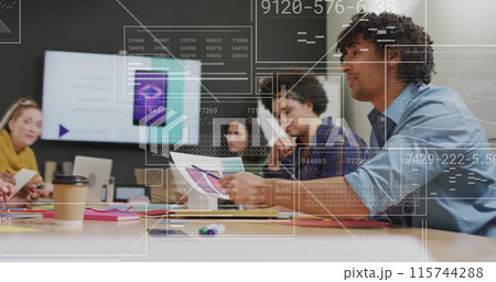 Image of data processing over diverse colleagues having meeting in office 115744288