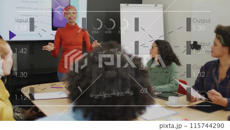 Image of data processing over diverse colleagues having meeting in office 115744290