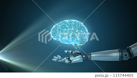 Image of 3d blue glowing human brain rotating with robot arm reaching out on glowing blue background 115744405