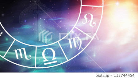 Composition of sagittarius star sign symbol in spinning zodiac wheel over glowing stars 115744454