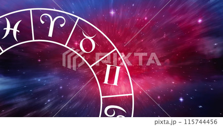 Composition of capricorn star sign symbol in spinning zodiac wheel over glowing stars Composition of capricorn star sign symbol in spinning zodiac wheel over glowing stars 115744456