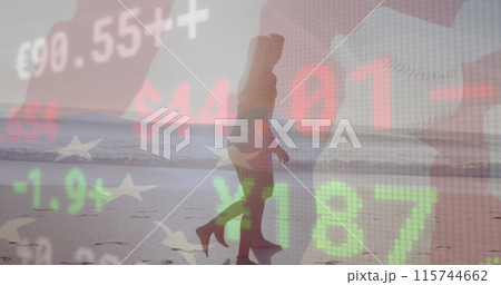 Stock market data processing against caucasian couple walking together on the beach 115744662