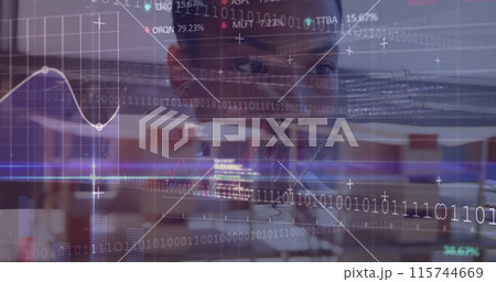 Image of binary coding and data processing over biracial businesswoman in office 115744669