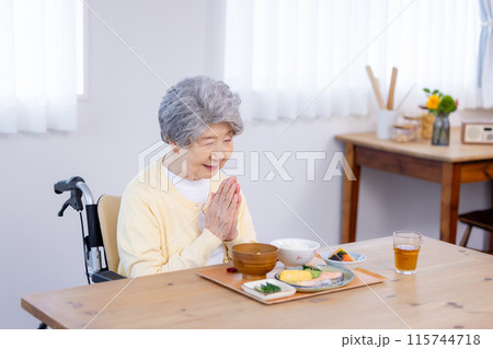 介護　食事を楽しむシニア女性 115744718
