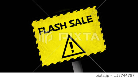 Image of yellow board with flash sale text and alertness sign over black background 115744787
