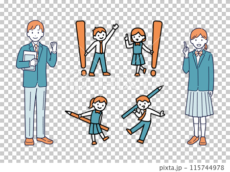 A set of illustrations depicting high school students studying 115744978