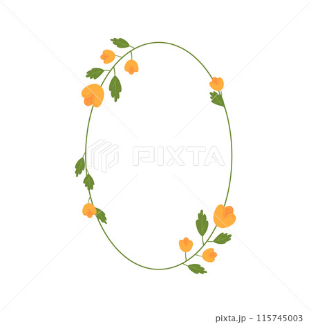 Floral frame vector isolated illustration. Oval shaped decorative flowers borders with copy space. Cute botanical elements. Simple summer decor circle shaped design for text inside 115745003
