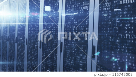 Image of radars, infographic interface and lens flare over server room in background Image of radars, infographic interface and lens flare over server room in background 115745005