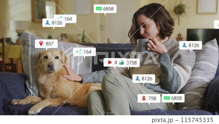 Image of social media icons and numbers over caucasian woman with pet dog at home Image of social media icons and numbers over caucasian woman with pet dog at home 115745335
